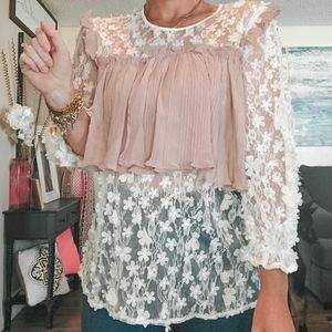 POL White Sheer Blouse Topped with Blush Crop Top